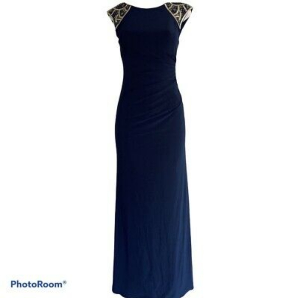 Xscape by Joanna Chen navy embellished shoulder long gown. Size 8.